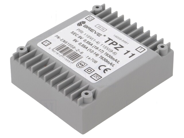 Transformator: netwerk; 11VA; 115VAC,230VAC; 9V; 9V; PCB; IP00 Transformator: netwerk; 11VA; 115VAC,230VAC; 9V; 9V; PCB; IP00